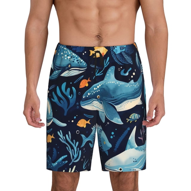 Fotbe Playful Whales Underwater Scene Pantalones Cortos de Pijama para Hombre, Ropa de Dormir, Pantalones de Pijama Cortos para Hombre-Small