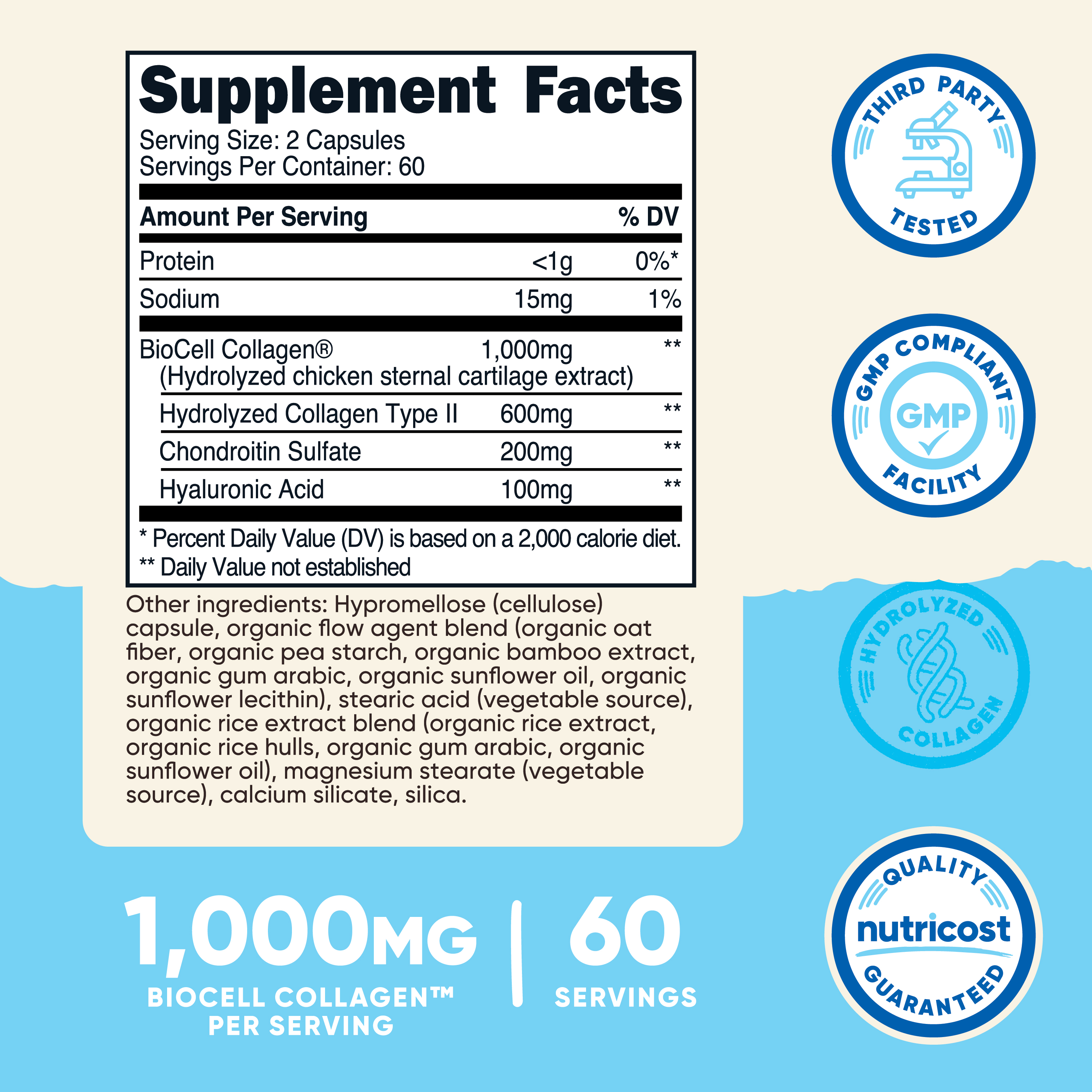 Nutricost BioCell Collagen (1,000mg) 120 Capsules - Hydrolyzed Type II Collagen Supplement, GMO-Free, Gluten-Free, 60 Servings