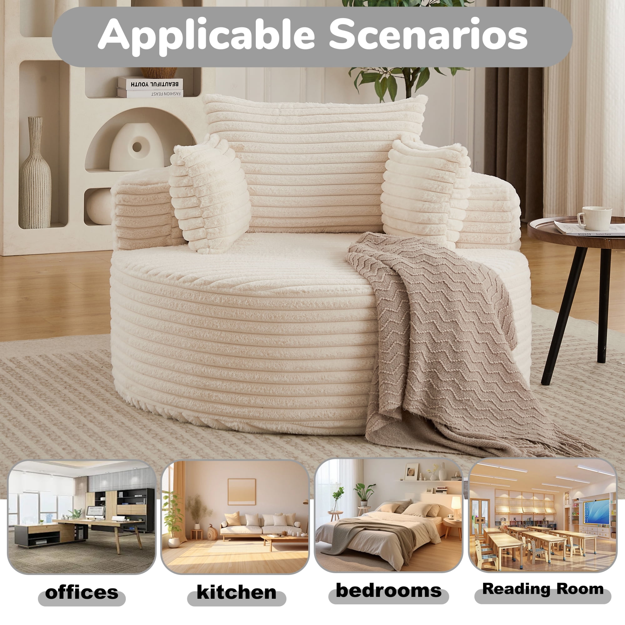Leumius Oversized Round Chair Lounge Chaise Indoor,50" Upholstered Corduroy Deep Seat Single Cloud Sofa Chair, Fluffy Modern Large Circle Boneless Sleeper Sofa for Living Room, Bedroom,Beige