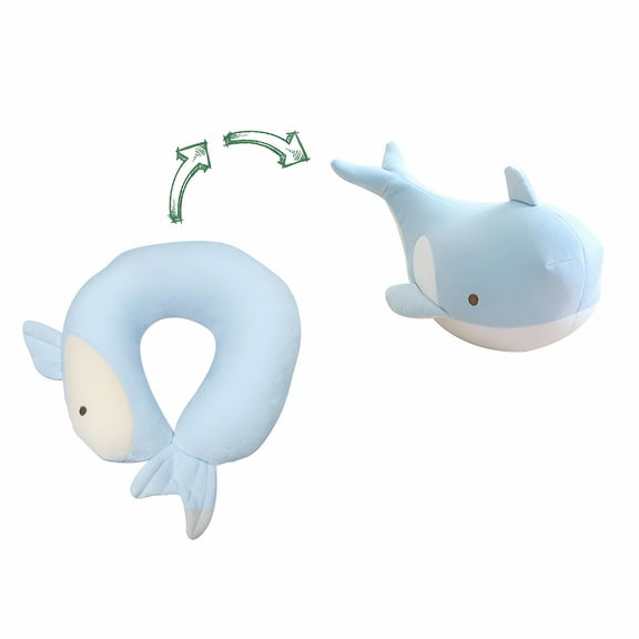 LAMIRO Kids Travel Pillow - 2-In-1 Deformable Kids Neck Pillow for Traveling, Soft U-Shaped Pillow with Adorable Animal Design, Comfy Sleep and Play, Ideal for Airplanes Travel - Blue Whale