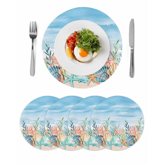 Summer Nautical Round 13 Inch Placemats Set of 4, Coastal Beach Starfish Coral Shell Blue HeatResistant Non Slip Place Mats for Dining Table, Wipeable Braided Kitchen Table Mats for Housewarming