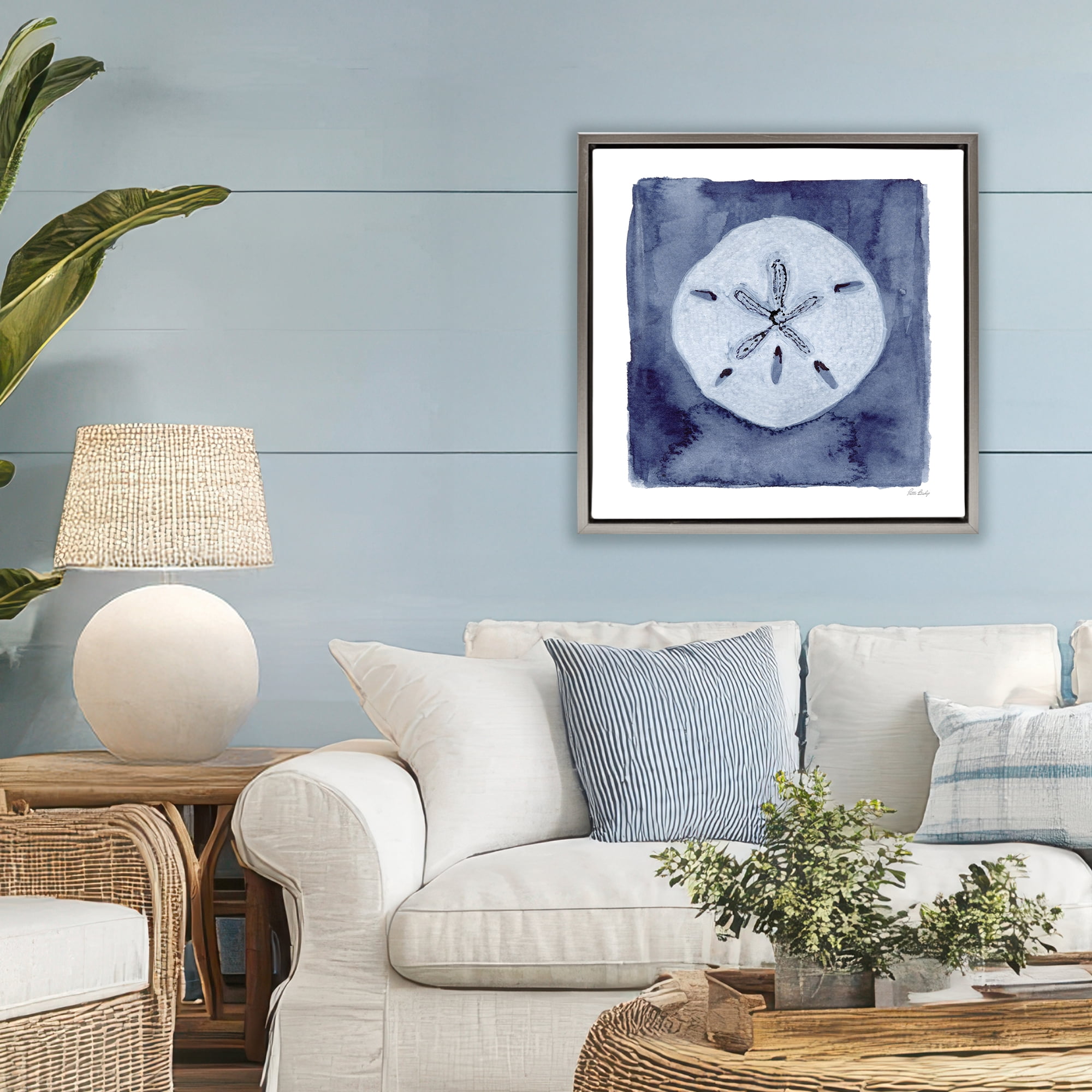 Stupell Industries White Sand Dollar on Indigo Gray Framed Floater Canvas Wall Art, design by Patti Bishop