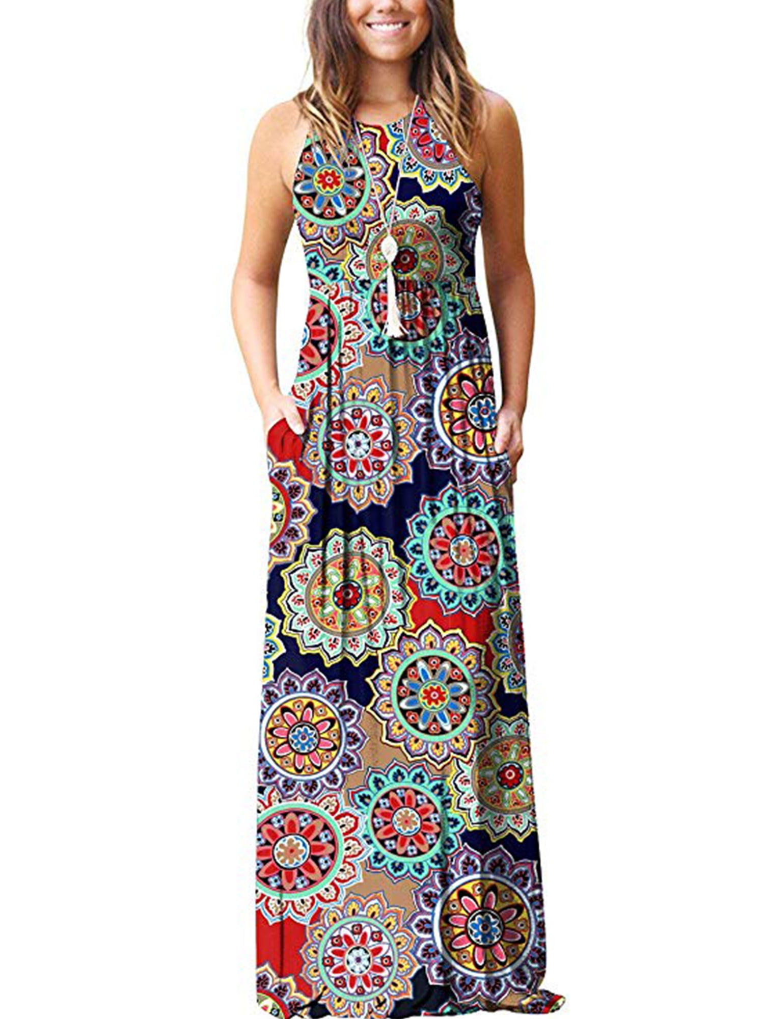 Dress for Women 2021 Sleeveless Pockets Womens Casual Floral Sundress Maxi Long Dress Beach Party Tunic Tank 