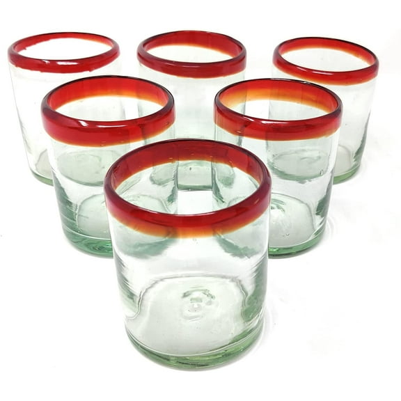Hand Blown Mexican Drinking Glasses - Set of 6 Tumbler Glasses with Red Rims 10 oz each