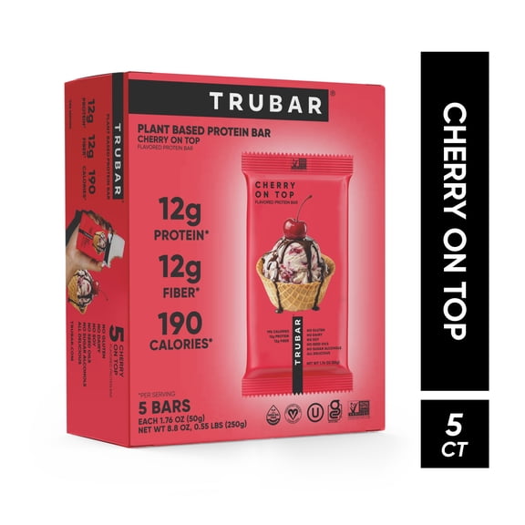 TRUBAR Protein Bar, Cherry on Top, Plant Based Protein, Vegan, Gluten Free, Kosher, 5-Count