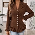 thumbnail image 2 of Dzrciro Corduroy Jacket Women, Plus Size Long Sleeve Lapel Button Brown Blazer Jacket with Ruffle Hem and Lace Cuffs, Elegant Fall Outerwear Jacket L, 2 of 8