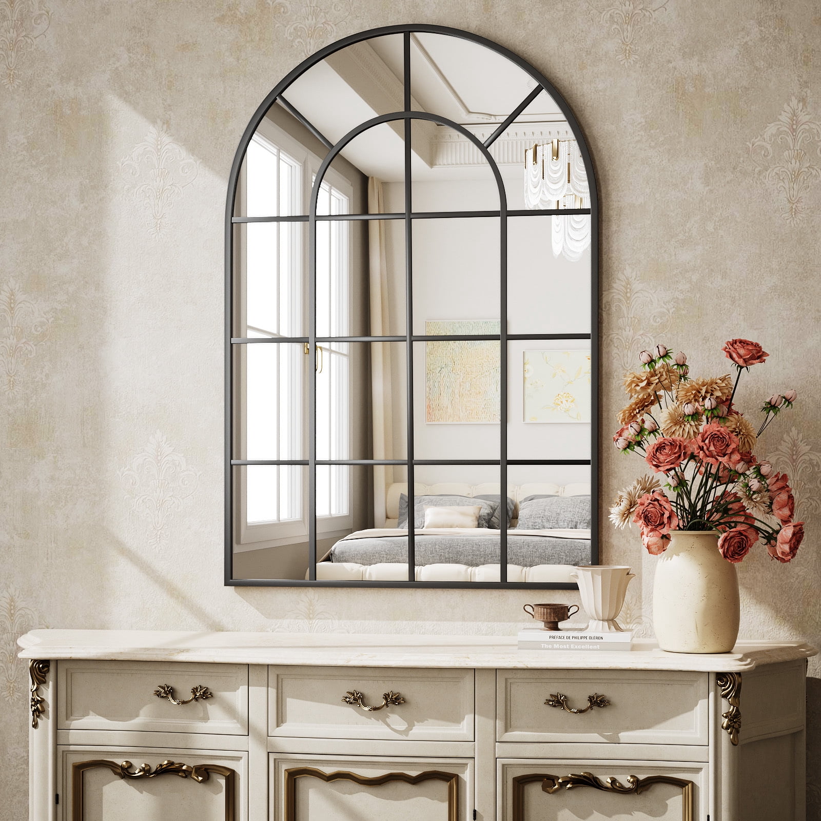 BEAUTYPEAK 24"x36" Arched Windowpane Mirror Bathroom Mirror Wall Mirror,Black