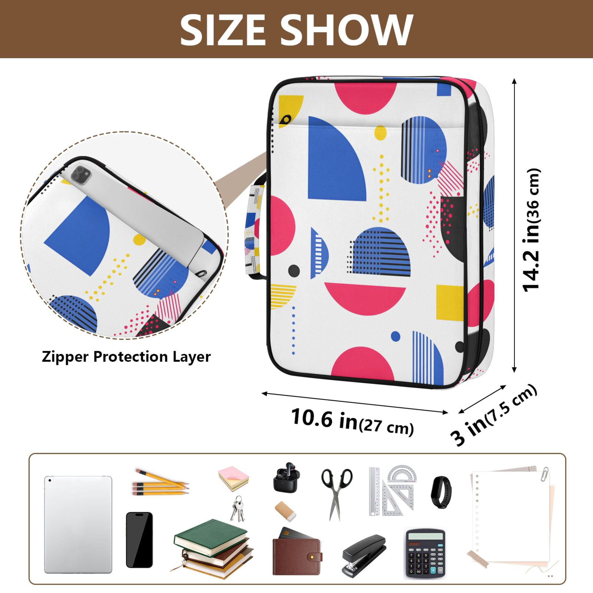 FORMRS Accordion File Folder A4 Size 7-Pocket Expanding Document Organizer Bag with 3 Ring Binder, Blue Retro Shapes