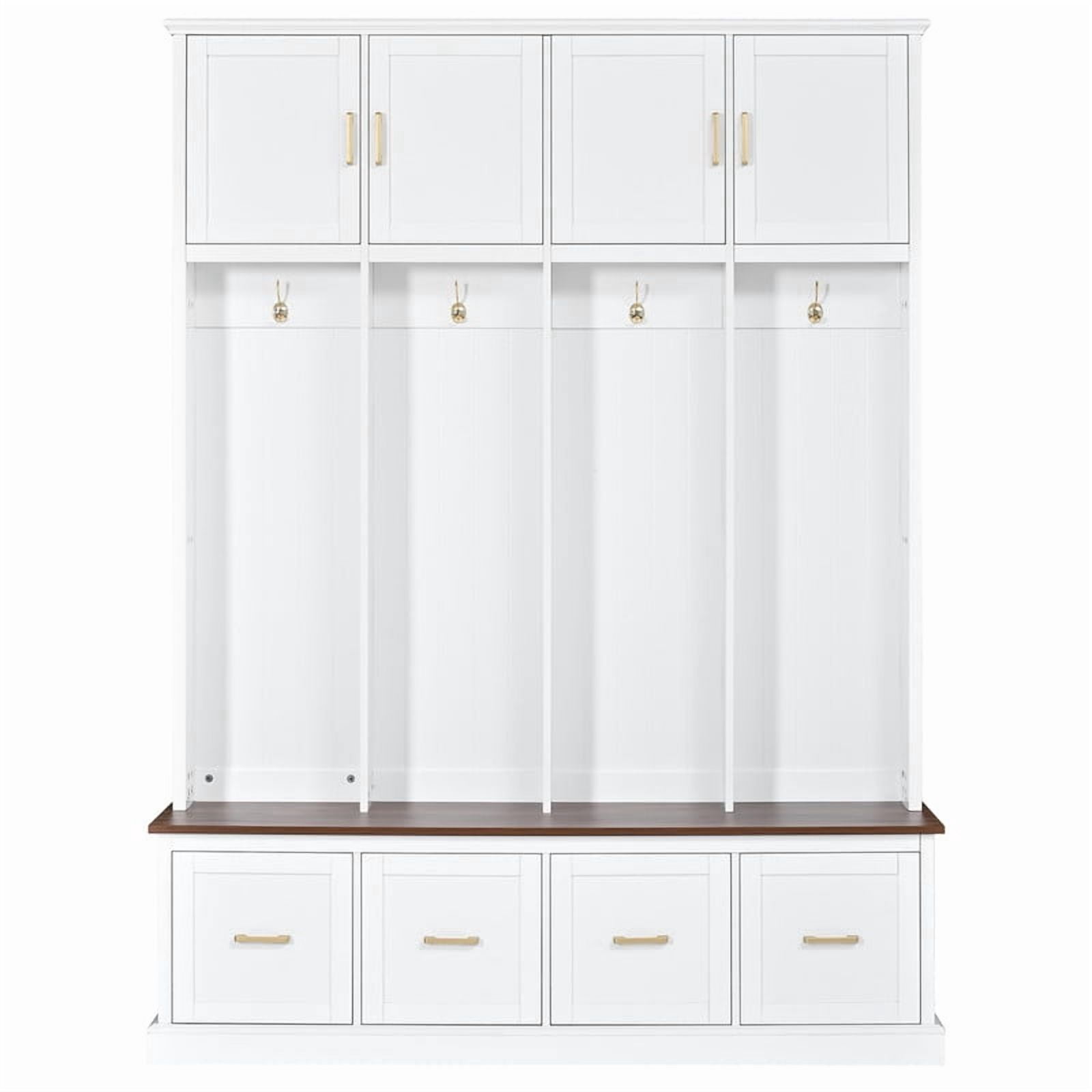 Farmhouse Wooden Entryway Hall Tree with Coat Hooks, Multi-functional Storage Cabinet with Shoe Bench and Drawers