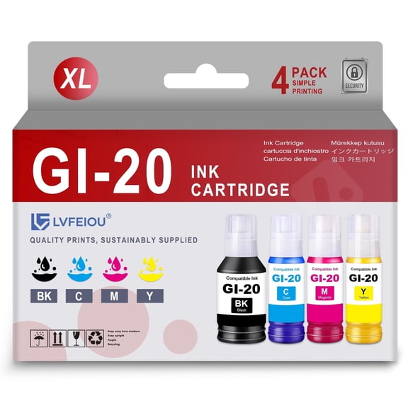 GI-20 GI20 Ink Bottles Compatible for Canon GI-20 GI 20 Ink G5020 G6020 G7020 MegaTank Printers ( Black, Cyan, Magenta, Yellow, 4 Pack)