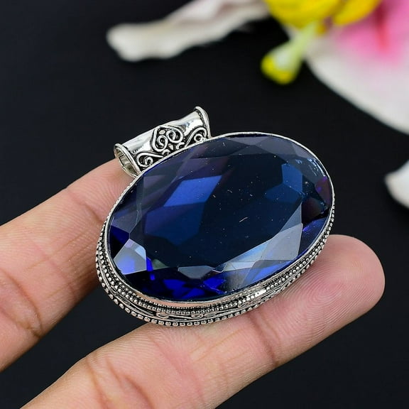 London Blue Topaz Gemstone Handmade 925 Sterling Silver Pendant 2.48"