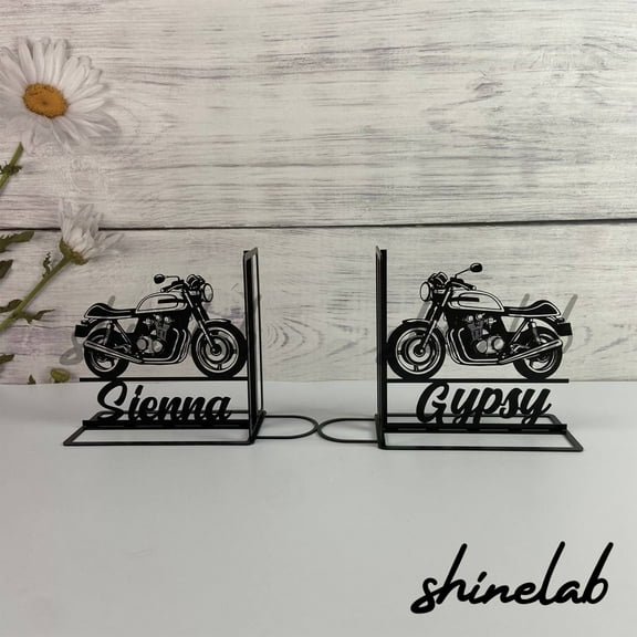 Shinelab Motorcycle Metal Bookends Motorcycle Art Name Bookend, Biker Table Bookshelf Decor 5189