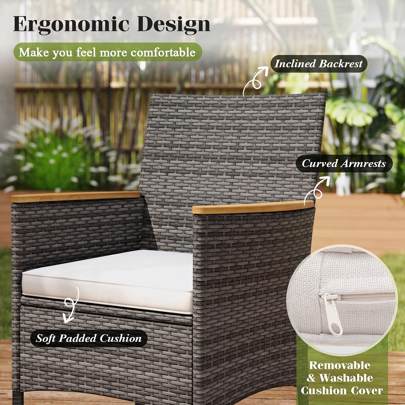 Patiojoy 9PCS Patio Rattan Furniture Dining Set Acacia Wood Table Cushioned Chair for Outdoor