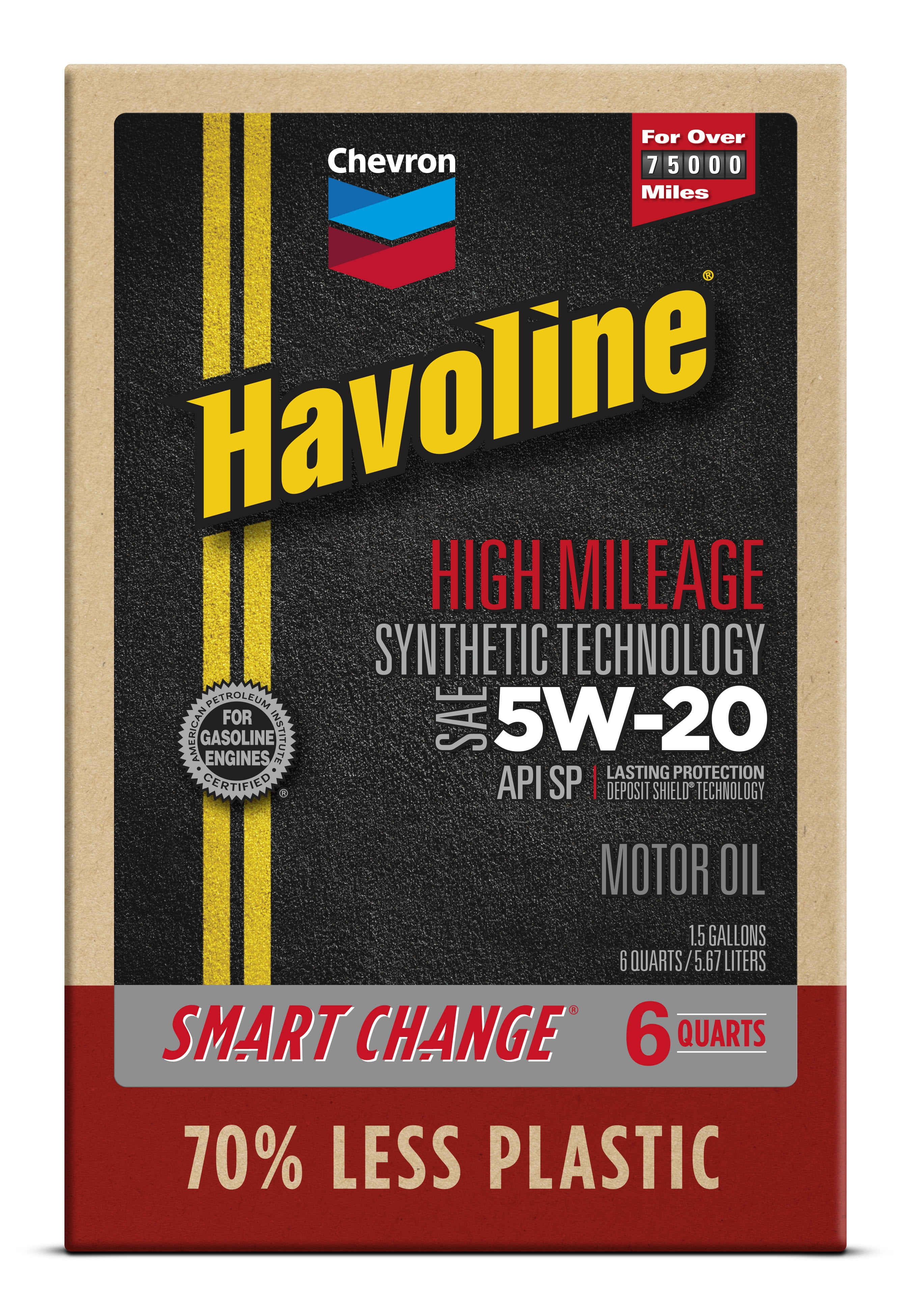 Chevron Havoline High Mileage Synthetic Technology Motor Oil 5W-20, 6 Quart Smart Change Box