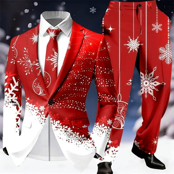 Mens Christmas Suits 2 Piece Slim Fashion Funny Xmas Graphic One Button Jacket and Pants Business Suits Holiday Outfits Party Tuxedo Suits Red L