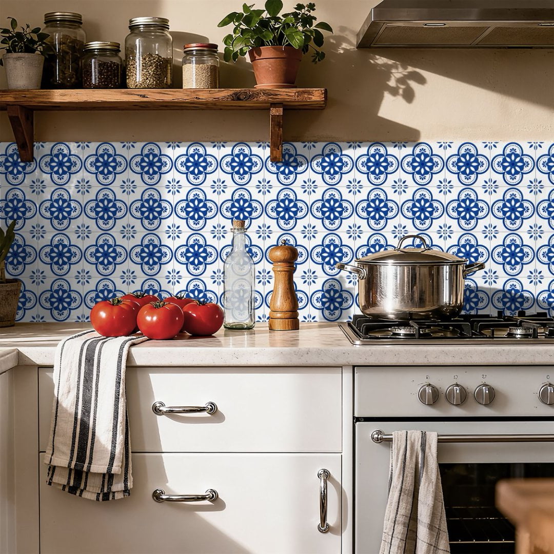 24Sheets Matte PVC Tile Sticker Waterproof Peel and Stick Backsplash 7.87" x 7.87" Blue White Flowers Wall Stickers Self Adhesive Decals DIY Decor