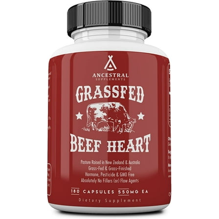 Ancestral Supplements Grass Fed Beef Heart Supplement, 3300mg, CoQ10 Supplement with Grass Fed Beef Liver, Supports Energy, Immune, Heart and Mitochondrial Health, Non GMO, 180 Capsules