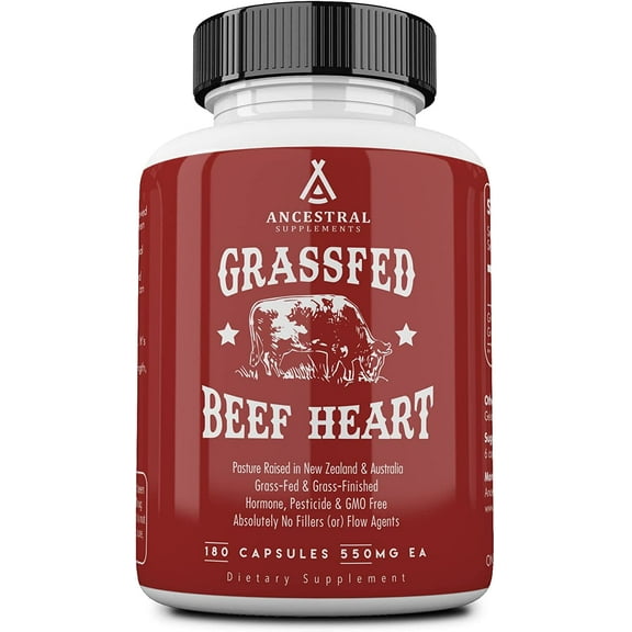 Ancestral Supplements Grass Fed Beef Heart Supplement, 3300mg, CoQ10 Supplement with Grass Fed Beef Liver, Supports Energy, Immune, Heart and Mitochondrial Health, Non GMO, 180 Capsules