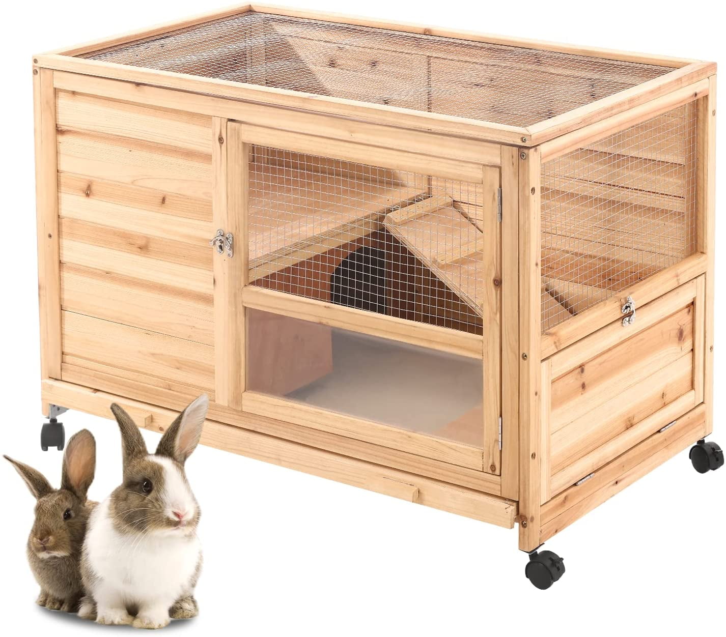 Erommy Wooden Rabbit Hutch, Outdoor Bunny Hutch, Indoor Rabbit Cage ,  Guinea Pig Cage Hedgehog Cage Small Animal Cage, Safety Lock, Access Ramps  