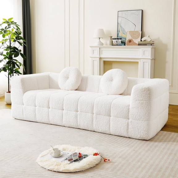 YWEN 74.6-inch Cloud Couch for Living Room, Modern Comfy Upholstered Deep Seat Faux Fur Boneless Oversized Loveseat 3 Seater Sofa with 2 Pillows for Living Room Bedroom Office Apartment, Beige