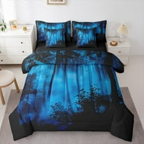Feelyou Black Blue Pine Tree Twin Bedding Sets 7-Piece, Jungle Plant Botanical Bedding Comforter Set, Nature Scenery Print Reversible Sheet Sets, Lightweight Room Decor