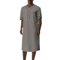 Defitshape Men's Cotton Nightshirt House Coat Short Sleeve Robe Comfy Sleep Shirt Fall Long V Neck Side Split Soft Knee Length Night Gown Baggy Housecoat Loungewear Grey Small