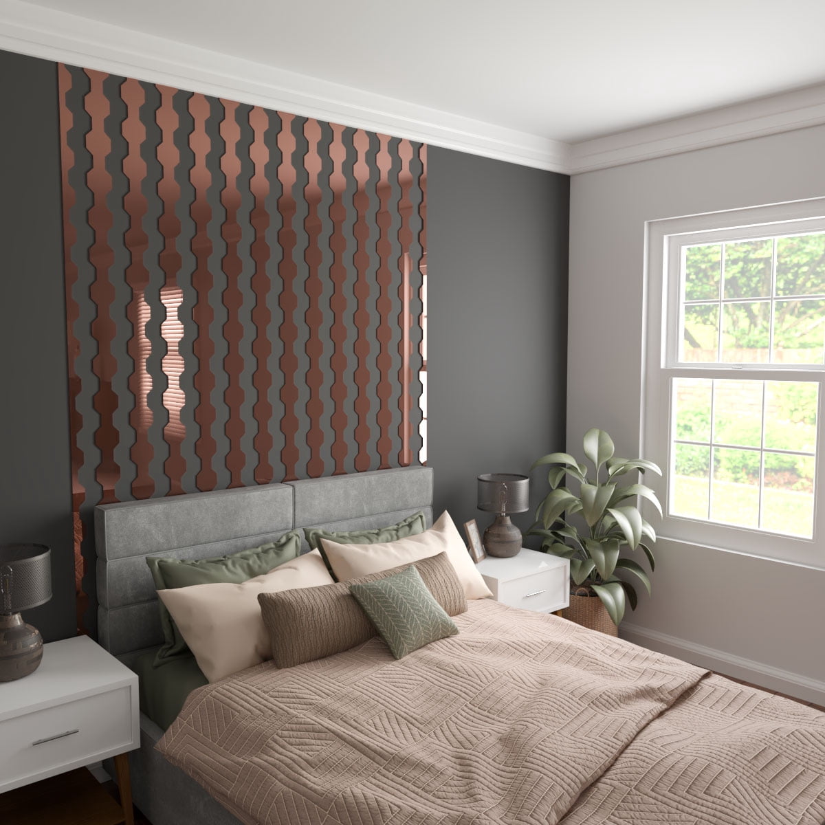 Ekena Millwork 47"H x 1/8"T Pontiac Adjustable Acrylic Decorative Slat Wall Panel Kit, Rose Gold Mirror (contains 16 Slats + 1 Straight Edge Starter Slat)