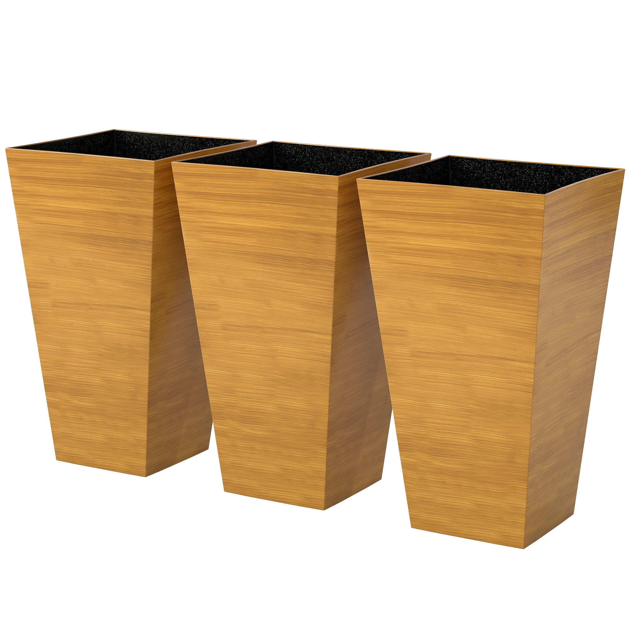 Set of 3 Tall Planters, 28" Outdoor Planter w/ Drainage Holes, Faux Wood Plastic Flower Pots, Light Brown