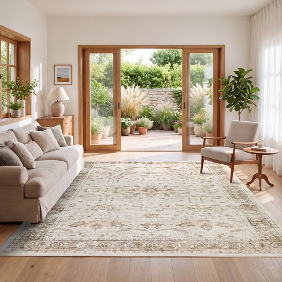 Garvee 8'x10' Vintage Floral Area Rug Oriental Distressed Carpet, Washable Non Slip Boho Rug for Living Room Bedroom Dining Room, Beige