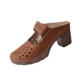 thumbnail image 2 of Women's Cut-Out Perforated Block Heel Mules, Closed Toe Scalloped Slide Sandals for Casual Wear Brown 6.5, 2 of 9