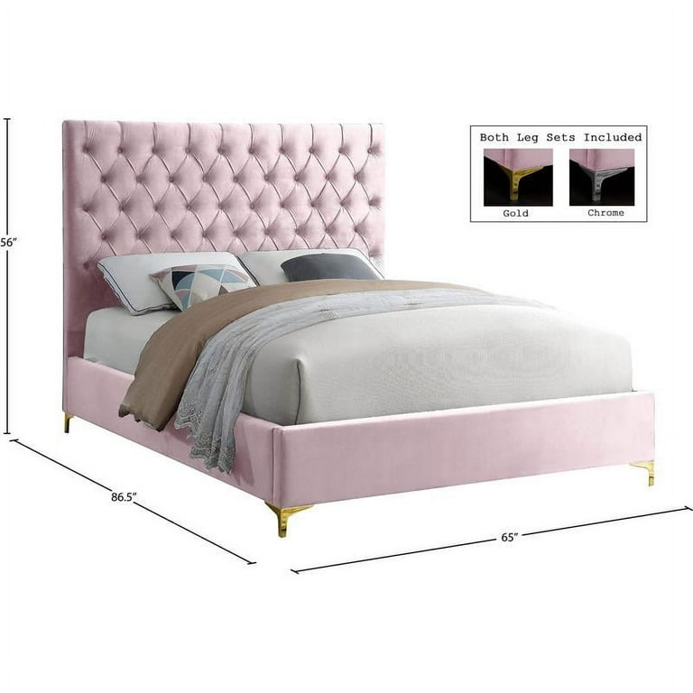 Meridian Furniture Cruz Solid Wood Tufted Velvet Queen Bed in Pink