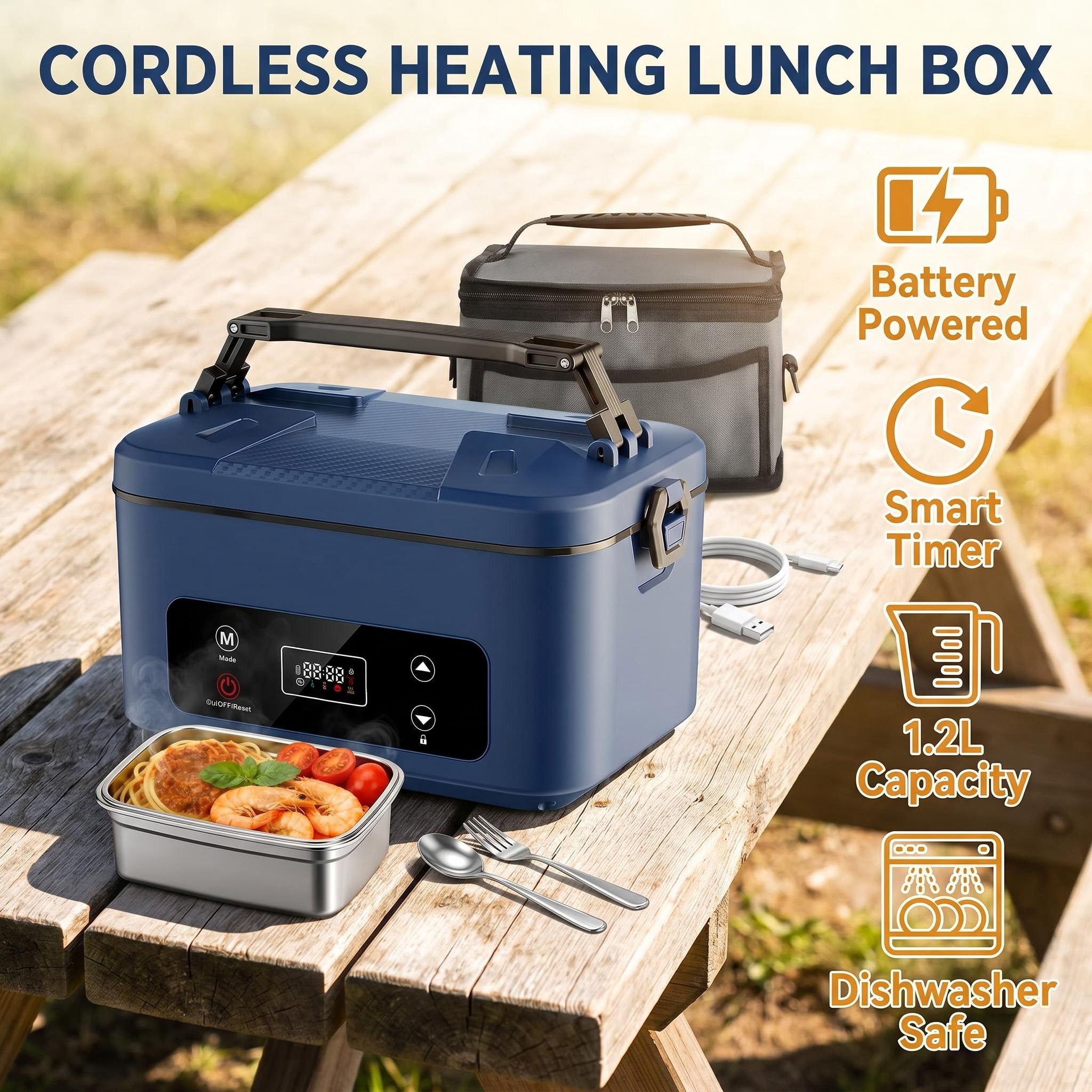 Cordless Electric Lunch Box, 5.1 Cups Heated Lunch Box Battery Powered with Automatic Scheduled Heating for Office, Picnic, Car & Outdoor Use