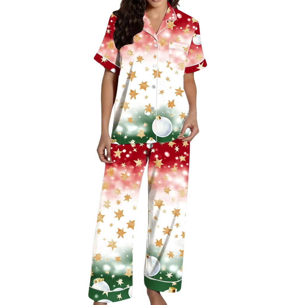 Christmas Pajamas Women s Two-Piece Christmas Pajamas short sleeves Button Shirt and Pants Set Home Clothes