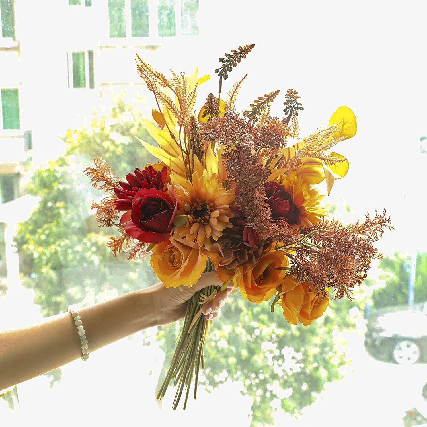 2pcs Boho Style Artificial Flower Bouquets,17 Inch Bohemian Style Fall Flower Wedding Bouquets for Bridal Bridesmaid,Rustic Home Décor Centerpiece(Orange Color Scheme)