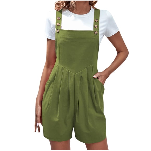 hoksml Women’s Rompers Summer Casual Loose Sleeveless Overalls Solid Color Pocket Button Jumpsuit Shorts Travel Vacation Clothes 2025 on Clearance