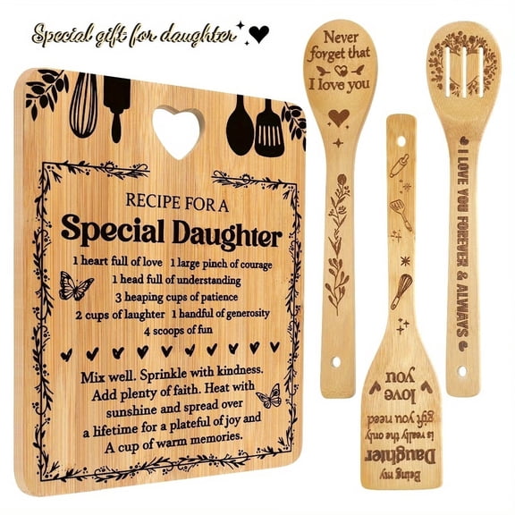 Jiasling Bamboo Utensil Set Cutting Board Engraved Recipe for a Special Daughter
