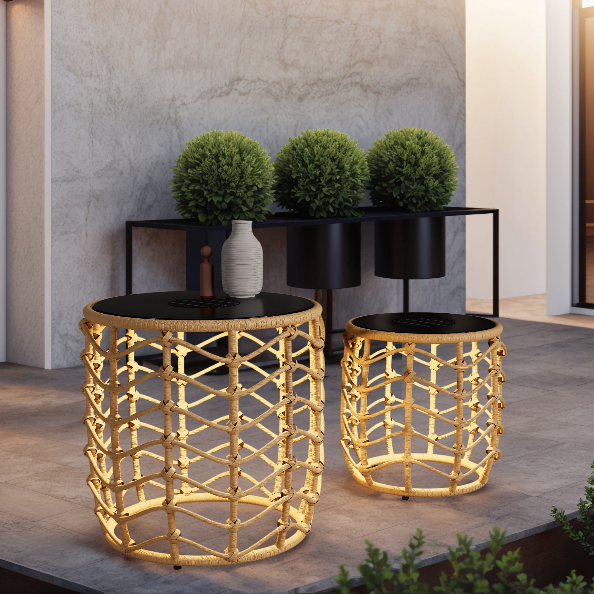 EVERITE Outdoor Wave Wicker End Tables Set of 2,Modern Boho Style with Built-in Solar Lights,Natural Brown