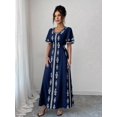 thumbnail image 3 of Navy Blue V-Neck Embroidered A-Line Maxi Dress With Short Sleeves And Self-Tie Waist, 3 of 6