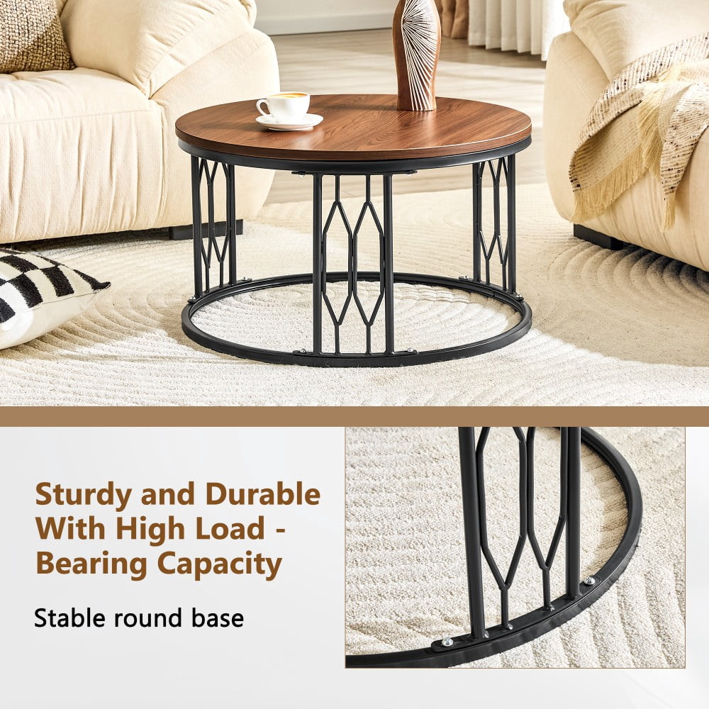 Round Coffee Table, 27.5" Coffee Table with Stone-Effect Travertine Top, Metal Frame, Modern Living Room Table, Walnut
