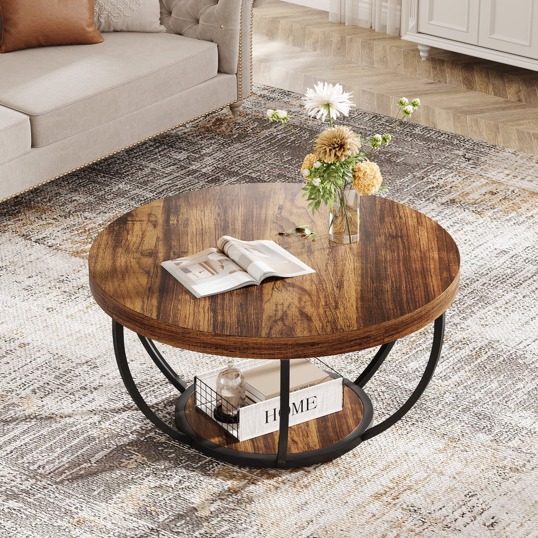 Fnova Coffee Table with 2 - Tier Storage, 32" Round Wood Coffee Table with Metal Legs, Modern Rustic Style Center Table for Living Room, Dark Brown and Black