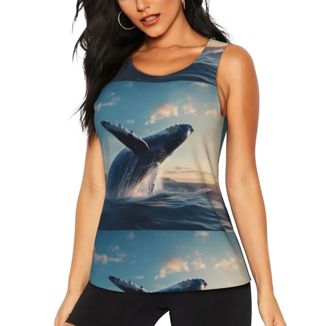 Balery Dancing Whale Camiseta sin mangas estampada ligera para mujer, tops de entrenamiento sin mangas, camisetas de yoga transpirables de secado rápido.-Large