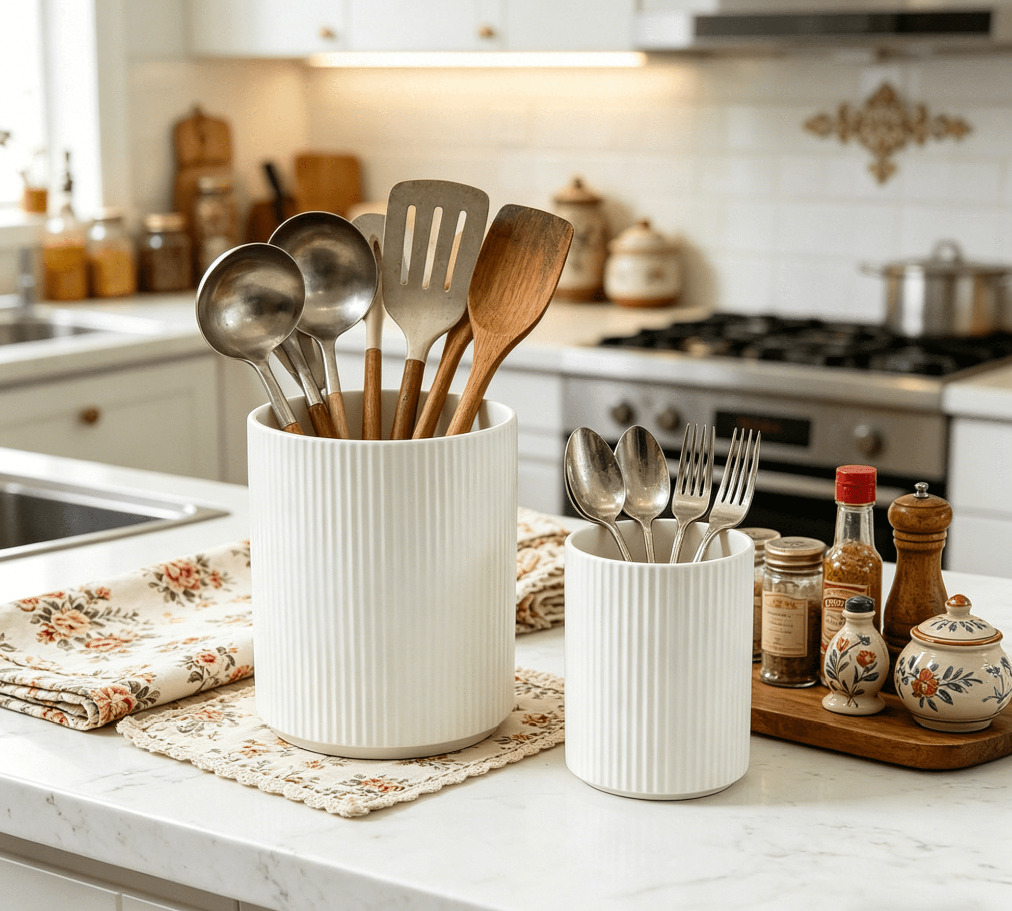 KSENDALO 2-Pack White Ceramic Utensil Holder Set(utensils not include), 7" & 4.5" Tall Farmhouse Kitchen Counter Storage Jars, Ribbed Utensil Crock for Silverware & Flower Display