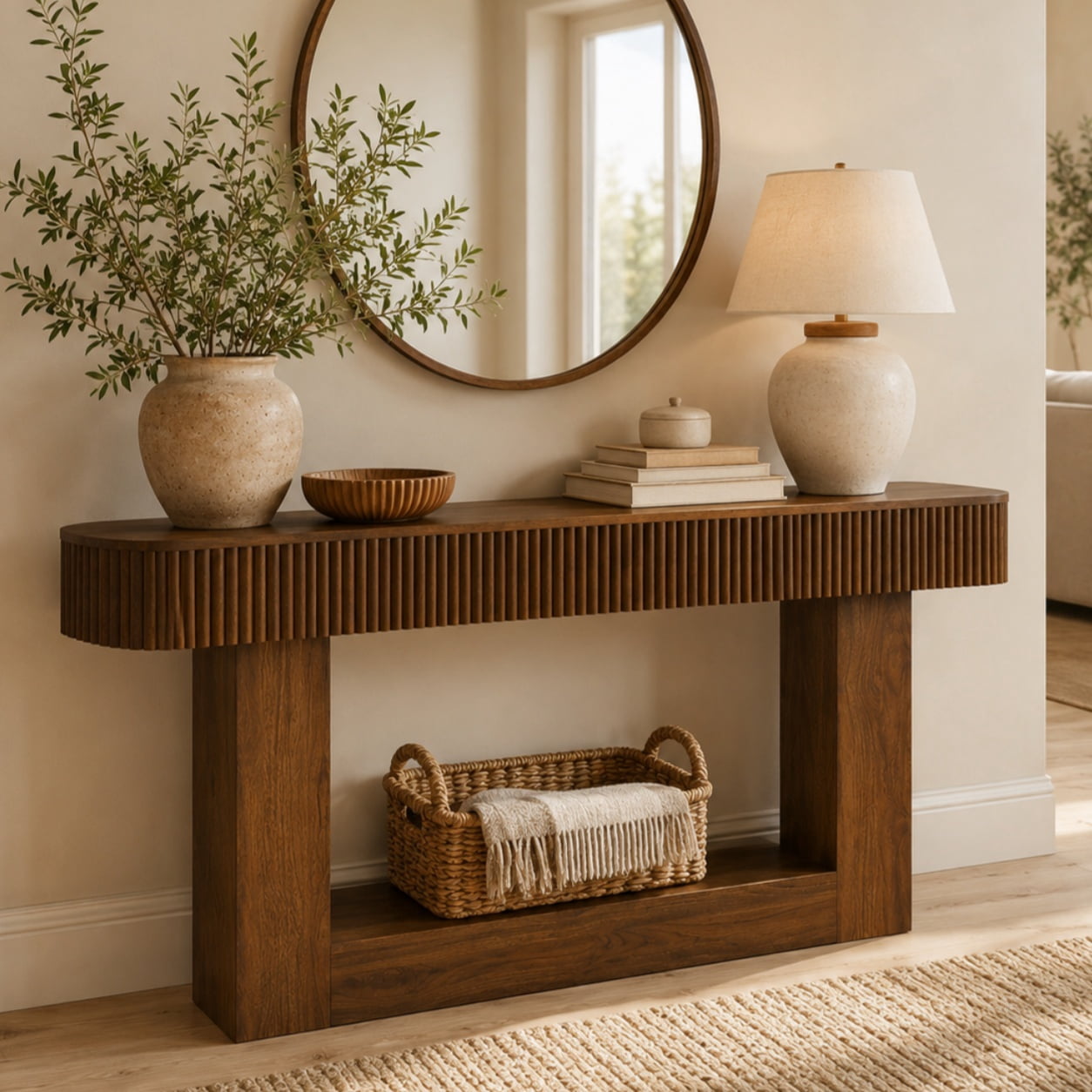 Aukfa 63" Fluted Console Table, Modern Farmhouse Entryway Table Narrow Sofa Table Behind Couch, Walnut