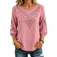 thumbnail image 2 of Tnhcen Women Boho Blouse 3/4 Puff Sleeve Floral Embroidered Top Round Neck Casual Loose Fit Solid Color A Line Summer Spring Shirt for Women Daily Vacation, 2 of 3