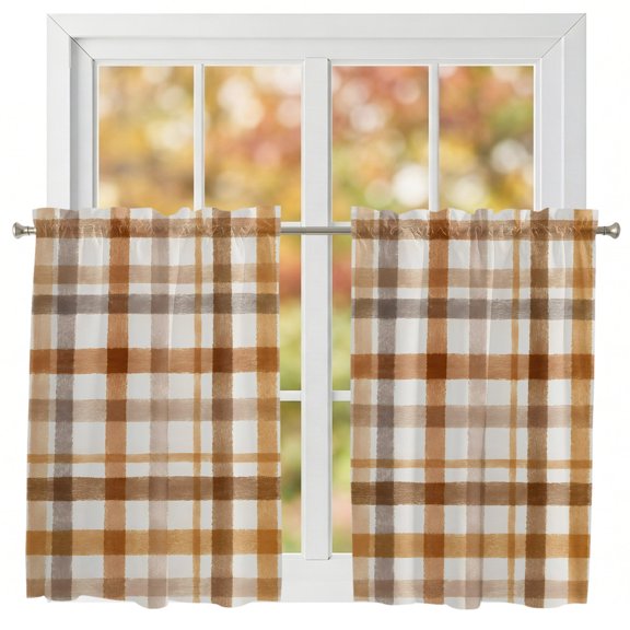 Kitchen Curtains 54 Inches length, Brown Checked Window Treatment Curtain Drapes, Watercolor Coffee Buffalo Plaid Decorative Window Curtains for Bedroom Cafe, 52"x54", 2 Panels