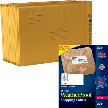 Duck Brand Kraft Bubble Mailers, Manila, 120-Count, 10.5" x 15" and Avery White WeatherProof Labels with trueBlock Technology for Laser Printers, 2" x 4", Box of 500 Bundle