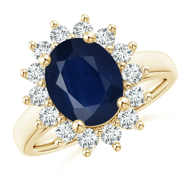 September Birthstone Ring - Princess Diana Inspired Blue Sapphire Ring with  Diamond Halo in 14K Yellow Gold (10x8mm Blue Sapphire) - 
