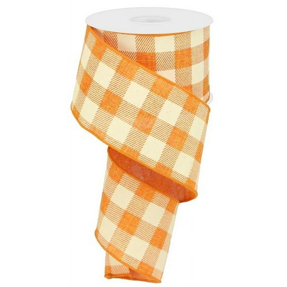 Plaid Check Wired Edge Ribbon - 10 Yards (Orange, Ivory, 2.5")