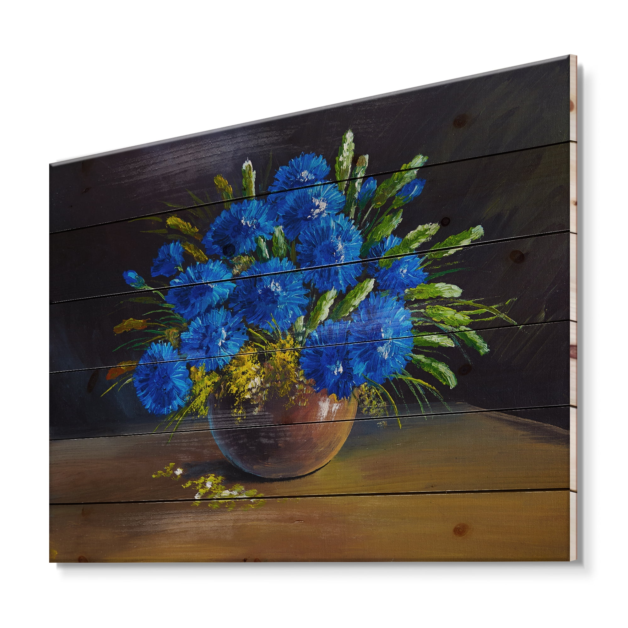 Designart 'Still Life A Bouquet Of Blue Wildflowers In Vase' Traditional Print on Natural Pine Wood