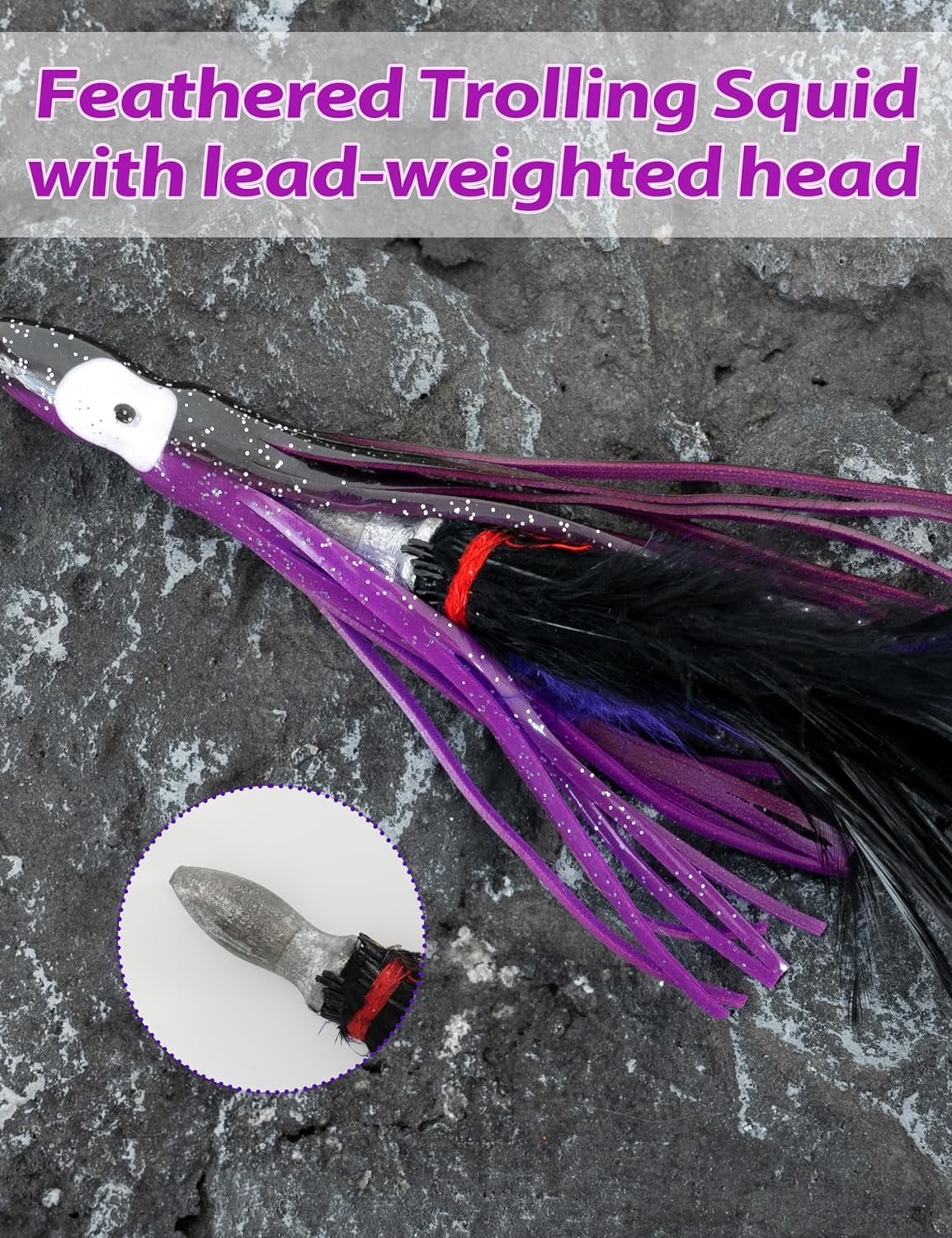 BLUEWING Tuna Feather Daisy Chain Squid Chain Fishing Teaser Lure with 4in Feathered Trolling Squids and Stainless Steel Trolling Hook Big Game Trolling Lure for Tuna Mahi Wahoo Marlin, Black/Purple